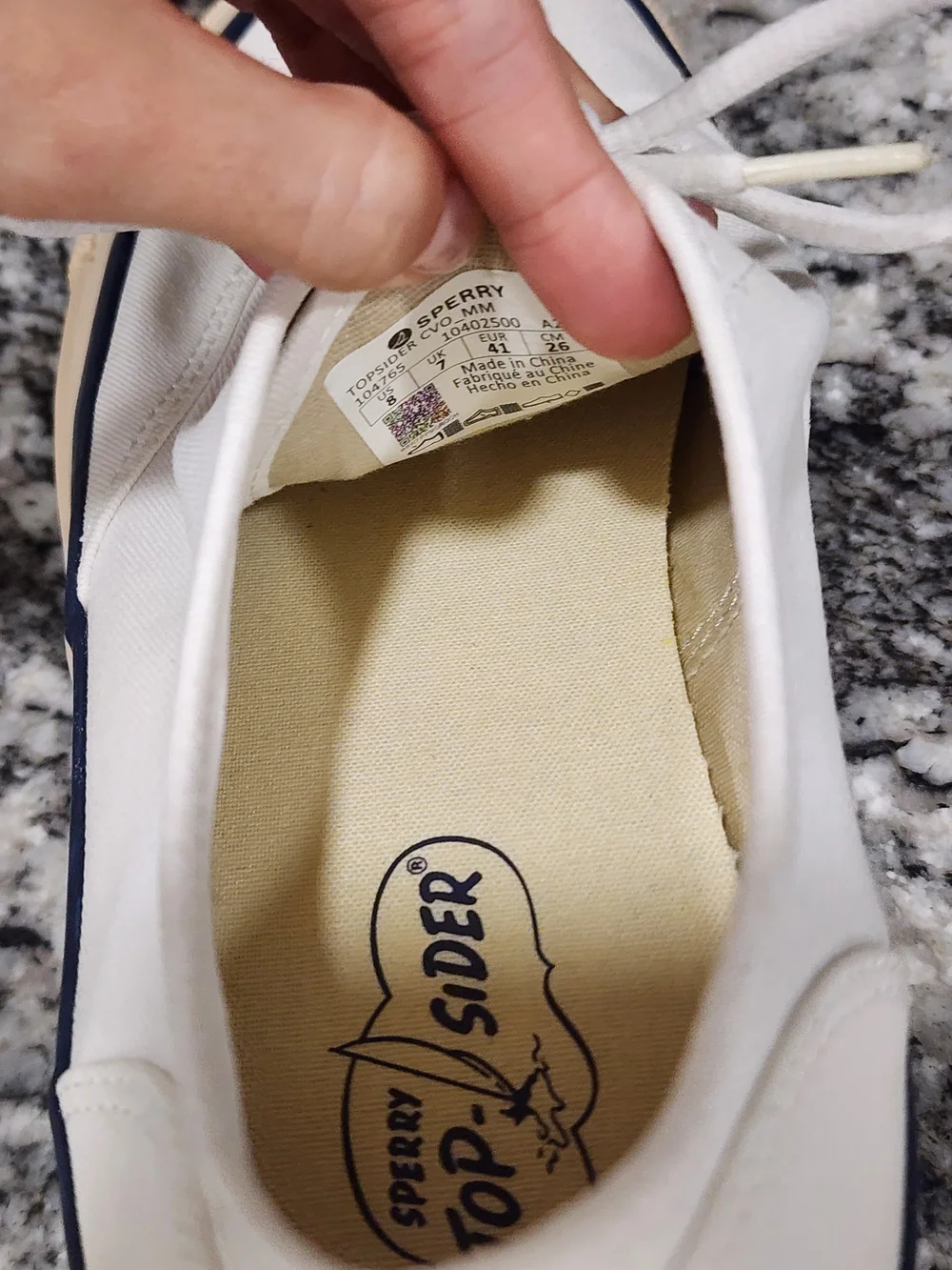 Sperry White Canvas Sneakers with Navy Trim and Cream Sole